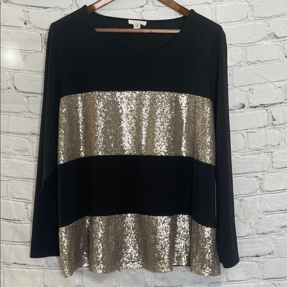 Cupio Blush Black Gold Sequin Long Sleeve Top Size 2X Excellent Condition
